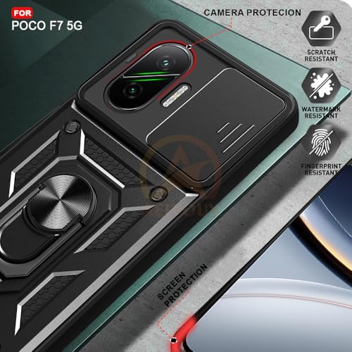 Image of Armor Bumper Back Cover Case for Poco F7 5G | Rotating Camera Cover, Ring Holder & Kickstand | Heavy Duty & 360 Degree Protection Poco F7 5G Back Cover (Black)