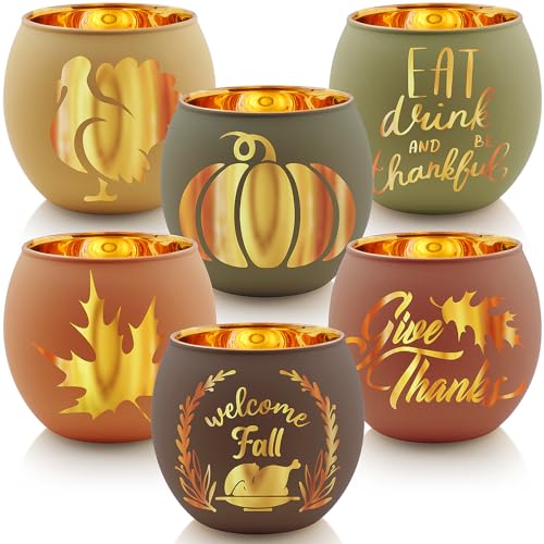 Thanksgiving Votive Candle Holder Set of 6, Glass Votives Holder with 6 Laser Engraving Patterns, Tealight Holders Bulk for Fall Table Centerpiece Decor