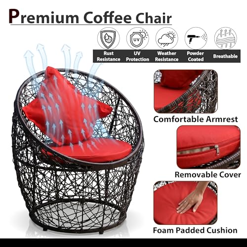 Image of OUTLIVING Outdoor Two Seater Rattan & Wicker Conversation Mudda Set | UV & Water Resistant Patio & Garden Furniture Set with 4 Cushion, 2 Chairs & Center Table with Glass Top| Black & Red