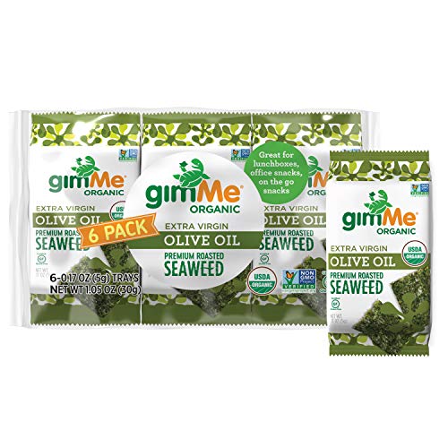 gimMe Organic Roasted Seaweed Sheets Extra Virgin Olive Oil Keto Vegan Gluten Free Great Source of Iodine and Omega 3â€™s Healthy OnTheGo Snack for Kids Adults, 6 Count