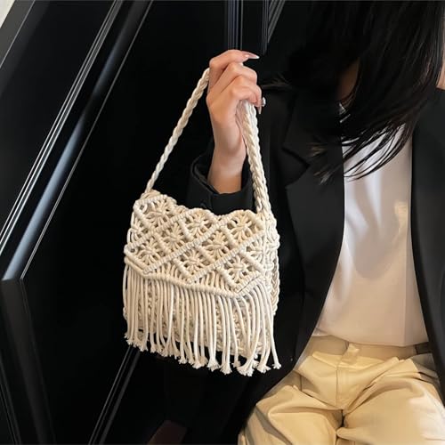 Boho Crossbody Bag for Women, Crochet Bohemian Purse Small Crossbody Bags for Women, Cute Summer Beach Woven Purse with Tassels White Hippie Style3
