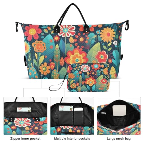 Large Travel Duffel Bag, Black Colorful Floral Sports Tote Gym Bag, Shoulder Weekender Overnight Bag for Women Men, Carry On Luggage with Toiletry Bags2