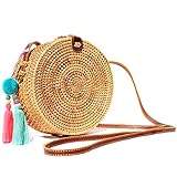 Handwoven Round Rattan Bag, Leather Shoulder Strap, Two Pocket Boho Bali Wicker Crossbody Handbag