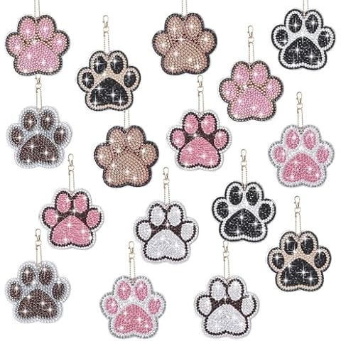 YLOLUL 16 Pcs Dog Paw Shaped Diamond Art Keychains DIY Pet Paw Diamond Art Keychain Kits Diamond Art Double-Sided Cat Dog Paw Painting Key Chains for Beginners Adults and Kids Cover