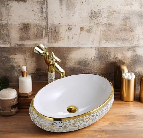Image of LUXART Oval Ceramic Vessel Sink, White with Gold Floral Pattern Art Design, 24x16x6 Inch Tabletop Wash Basin for Bathroom, Vanity & Hotel (Glossy)