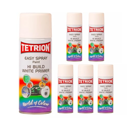 Image of Tetrion Easy Spray Paint Primer - Hi-Build White 13.5 oz (Pack of 6) - Fast-Drying Multi-Surface Priming Spray Paint for Metal, Wood, Plastic & Glass - Indoor /Outdoor, 400ml