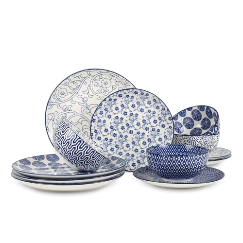 Selamica Ceramic Dinnerware Sets, 12-Pieces Plates and Bowls Sets, Scratch Resistant Dishes set for 4, Dishwasher & Microwave Safe,Vintage Blue