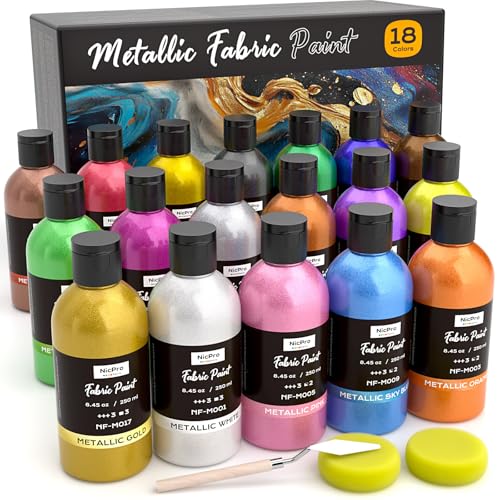 Nicpro 18 Colors Metallic Fabric Paint (8.45oz, 250ml) Permanent Soft Fabric Paint for Clothes, Non-Toxic Textile Paint for Fabric DIY Crafts, T-shirts, Shoes Jeans Bags for Kid Adult with Color Wheel