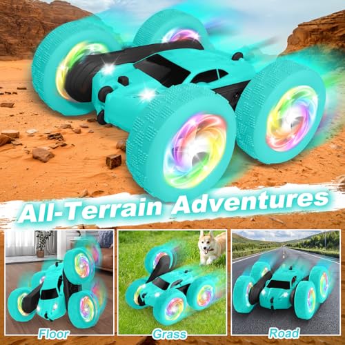 Image of Remote Control Car, Stunt RC Cars, 2.4GHz Double Sided 360 Flips RC Crawler, Outdoor Toys for Kids Ages 4-8, Upgraded USB-C Modular Battery, 5 6 7 8 9 10 +Year Old Boys Birthday Gifts MintGreen