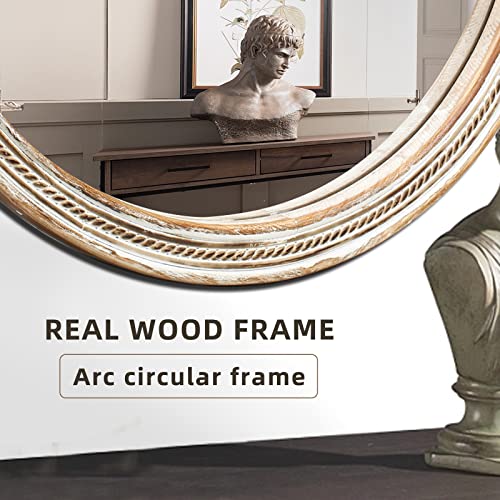 Round Wooden Mirror Bathroom Mirrors - 30'' Decorative Wall Mirror For Entryway, Bedroom, Foyer, Fireplace Distressed Circle Mirror -Rustic Hanging Mirrors #TOP2