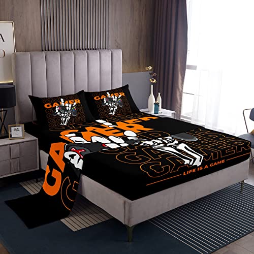 Gaming Bedding Sheet for Girls Boys Children Gamer Gamepad Bedding Set Video Game Fluorescent Orange Bed Sheets Room Decor Game Controller Bed Sheet Set Queen Size