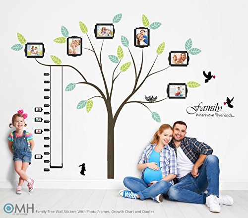 OMH Oh My Home Wall Decal Family Tree Wall Art Decor with Photo Frame, Love Quotes and Growth Chart for Kids