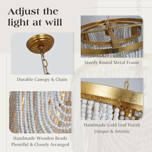 OSAIRUOS 6-Light Bohemia Wood Beaded Chandelier for Entryway Handmade Gold Foil Finish Boho Pendant Light Rustic Farmhouse Lighting Fixtures Coastal Chandeliers for Foyer Living Dining Room Bedroom - Image 6