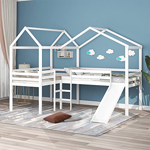 L-Shape Loft Beds, Twin House Loft Bed with Slide Low Loft Bed Frame for 2 Kids, Wood White Playhouse Loft Bed for Girls Boys Teens