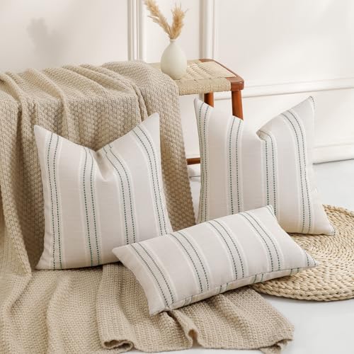 Image of Hckot Spring Throw Pillow Covers 24x24 Set of 2 Striped Pillow Covers Textured Linen Decorative Pillows Square Cushion Covers for Sofa Couch Bed Living Room Farmhouse Decor, Sage Green