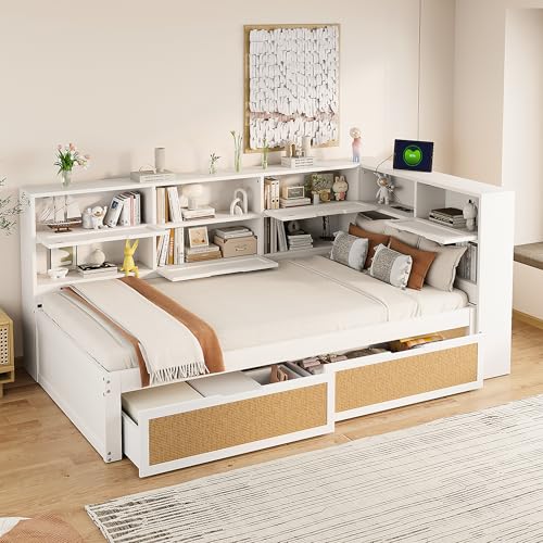 YuQozii Sofá cama de madera maciza de 90 x 200 cm con cajón, cama individual multifuncional con muchos compartimentos de almacenamiento y puerto de carga, color blanco