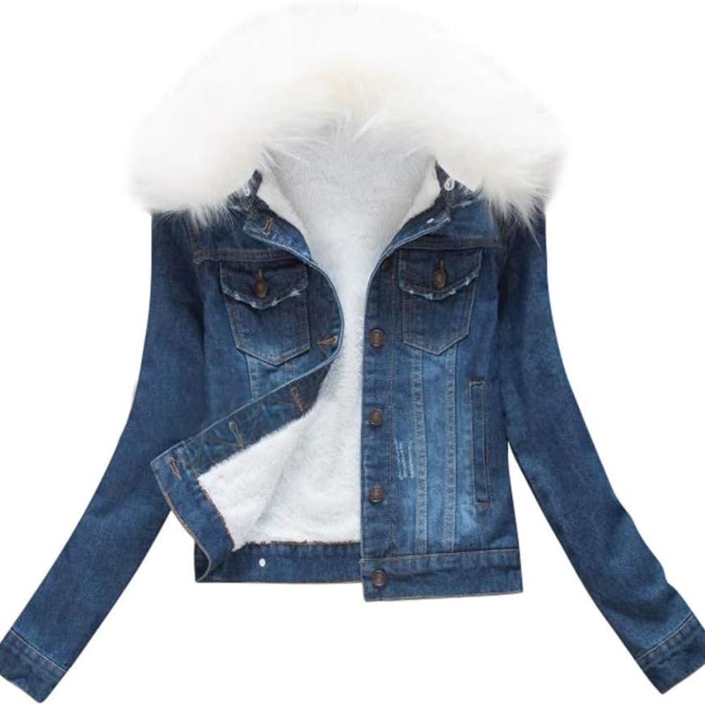 Chaqueta vaquera para mujer con forro polar sintético, abrigo corto de jeans de invierno con Cuello de piel sintética desmontable