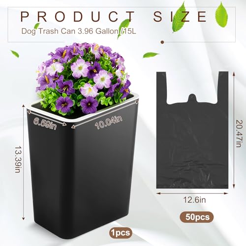 Image of Jingmore Dog Poop Trash Can Outside 3.96 Gal / 15 L Plant Styled Dog Waste Trash Can with Lid 50 Waste Bags Outdoor Indoor Poop Container Slim Garbage Bin for Yard Garden Pet(Purple Flower Black)