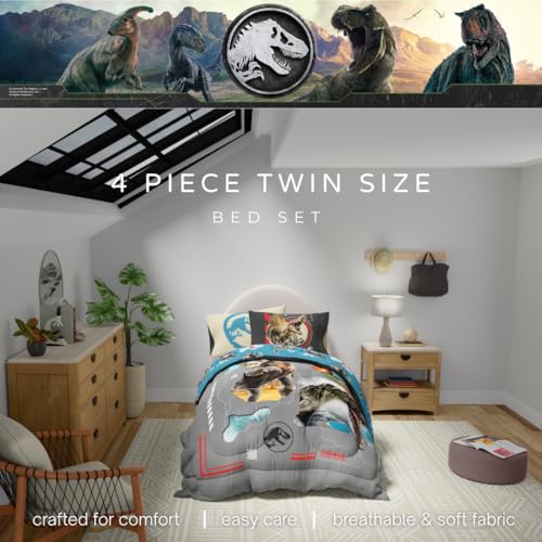 Image of Jurassic World Rebirth Kids Bedding Super Soft Cozy Microfiber Comforter and Sheet Set, 4 Piece Twin Size, (Officially Licensed Product) By Franco