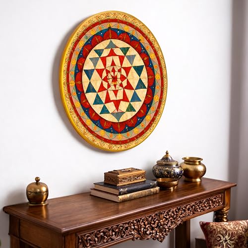 Image of Sri Yantra Mandala Vastu Round Framed Wall Art Painting For Living Room, Geometry Spiritual Wall Art Painting With Frame for Home, Meditation Room & Office, 16 Inch