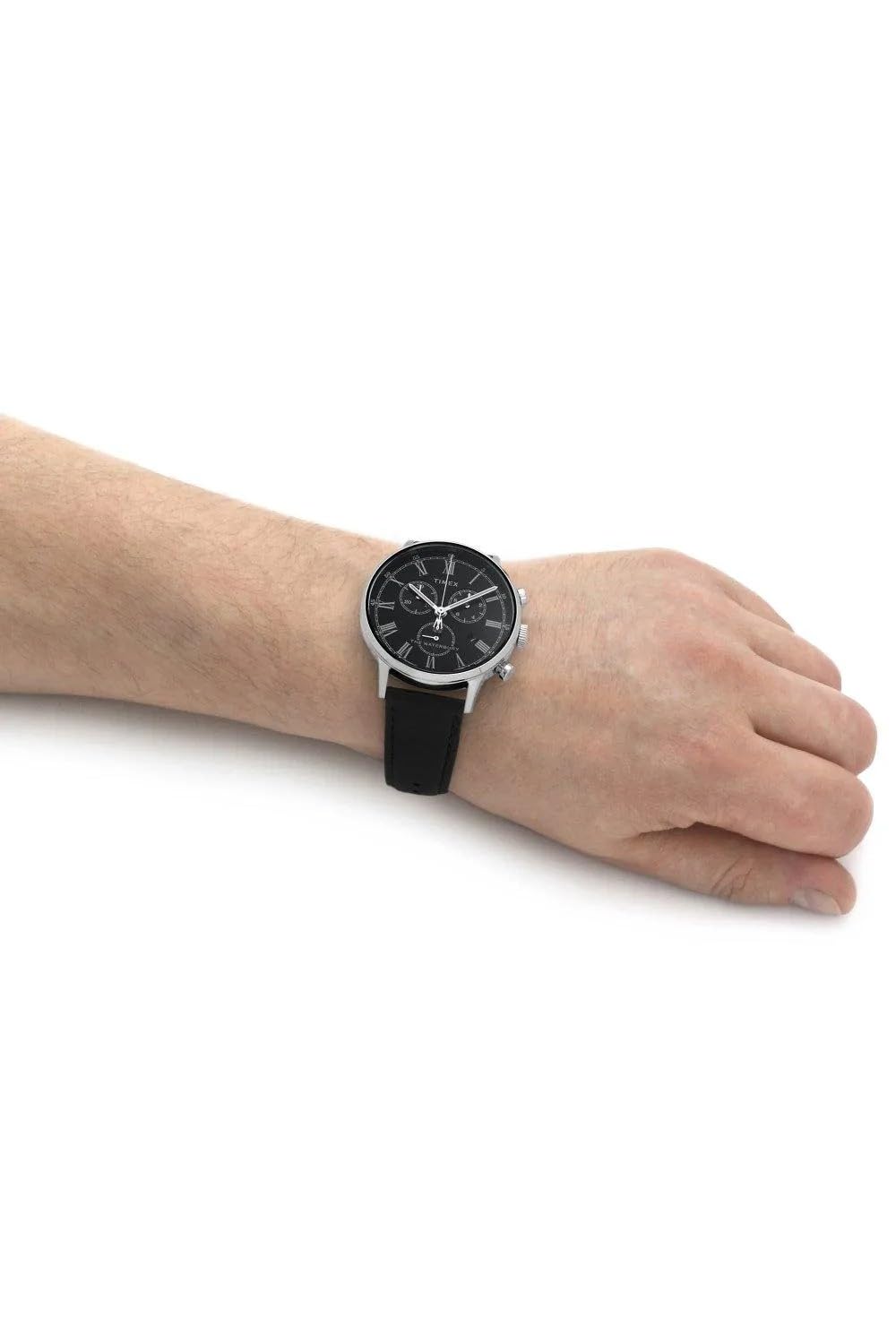 Timex Waterbury Tw2U88300 Zegarek Męski, 40 mm, Czarny Skórzany Pasek, Czarna Tarcza i Koperta ze Stali Nierdzewnej