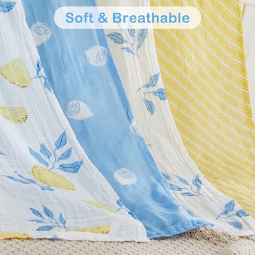 Image of Viviland Muslin Swaddle Blankets, Swaddle Wrap for Boys and Girls, Breathable and Skin-Friendly Baby Receiving Blankets, Baby Essentials, 4-Pack Lemon & Leaves, 47 x 47 inches