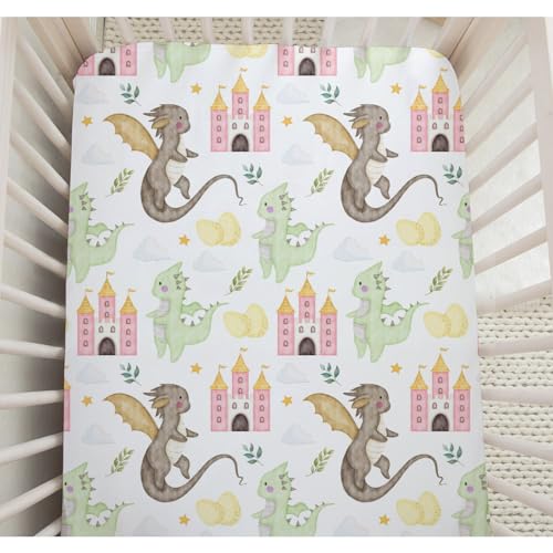 Image of Baby Crib Sheets for Boys Girls Cute Dragon Fairytale Castle Fitted Crib Sheet for Standard Crib Mattress Cloud Moon Star Dragons Crib Mattress Cover Super Soft Nursery Bed Sheets Decor 28''×52''