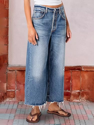 Flamingals Wide Leg Cropped Jeans for Women Trendy Mid Rise Ripped Raw Hem Wash Baggy Casual Ankle Denim Pants2