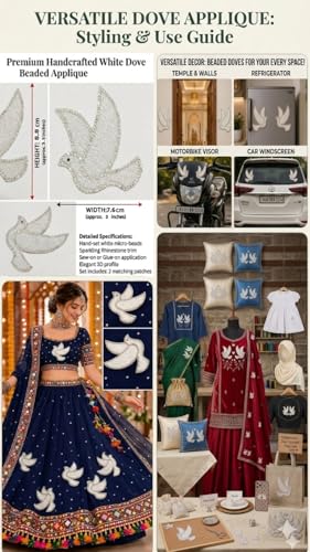 Image of Flying Pigeon Applique Patch Embroidered with White Pearl Stone & Zardosi Work on Fabric, 3.8 x 7 cm, Pack of 4, for Sarees, Dresses, Dupattas & Crafts Fabric Embellishment (Flying Pigeon)