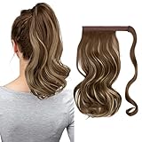 CJL HAIR 14' Short Ponytail Hair Extension Wrap Around Pony Tail Clip in Curly Wavy Synthetic Fake Hairpiece for Women Ash Medium Brown/Ash Blonde