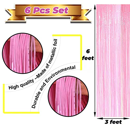 Image of 6 Pieces Foil Fringe Tinsel Party Curtains for Photo Backdrop (Pastel-Pink)