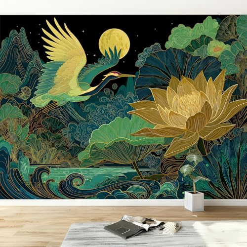 308 x 220 cm Papel pintado fotográfico efecto 3D, Luna De Pájaros De Loto De Ensueño Fotomurales Tejido No Tejido Murales Fotográfico Moderno Decoración de Paredes para salón o dormitorio, Verde