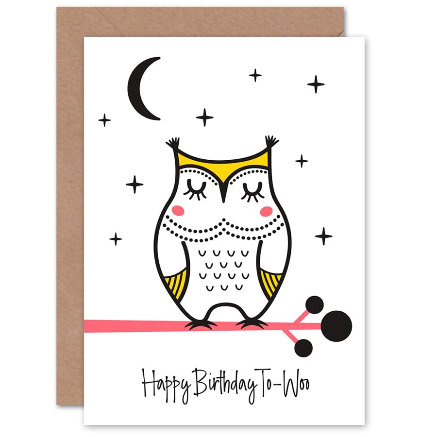 Wee Blue CooHappy Birthday to-Woo White Owl on Branch at Night Sealed Greeting Card Plus Envelope Blank inside