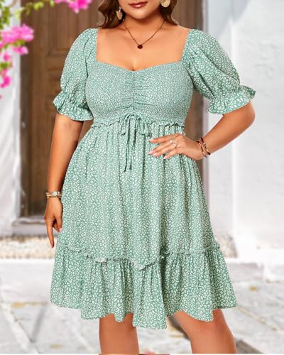 Image of Pinup Fashion Plus Size Summer Dresses-2026 Casual Puff Sleeve Sweetheart Neckline Smocked Short Babydoll Dress