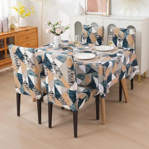 Image of Styleys Dining Chair Cover with Table Covers for Kitchen Waterproof Dining Table Cloth (1 Table Cover + 6 Chair Cover, Antique Prism, CTSD3148)