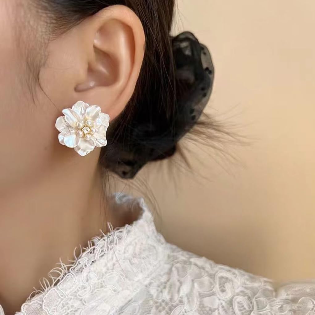 Charm Pearl Flower Stud Earrings for Women, Chunky Resin Cluster Pearls Floral Dangle Statement Earrings Trendy Aesthetic Prom Camellia Jewelry - Image 2