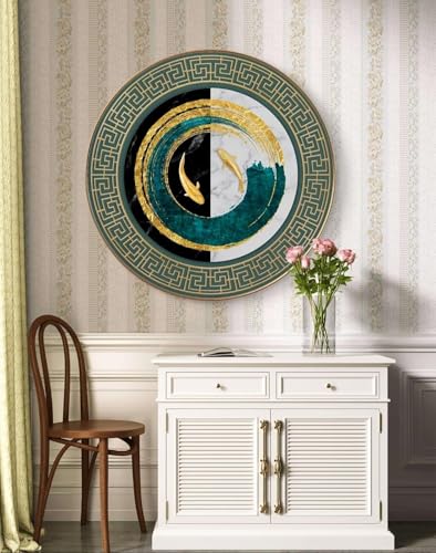 Image of Round Wall Art with Golden Koi Fish, Teal and Gold Abstract Painting, Greek Key Border Design, Marble Effect Decorative Plate