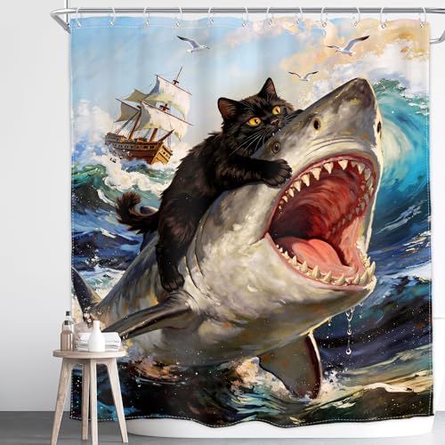 Image of Funny Black Cat Shower Curtain Riding Shark 60Wx72H Inch Decor