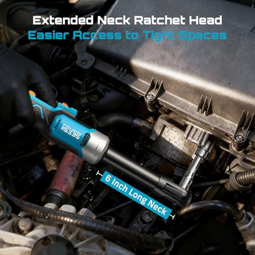 Image of Cordless Electric Ratchet Wrench 3 /8 inch, 6 inch Extended Neck, 3-Speed Adjustable, 74 Ft-lbs Max Torque, 21V Power Brushless Ratchet with 2x2.0Ah Batteries & Fast Charger, 8 Sockets, 1 /4 inch& 1 /2 inch Adapter