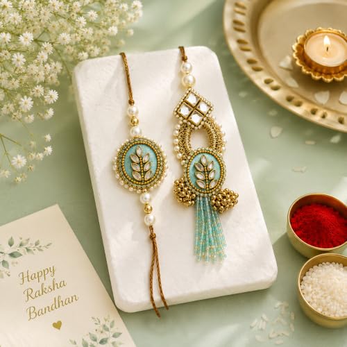 Image of CraftVatika Set of 2 Rakhi for Brother and Bhabhi, Designer Rakhis for Rakshabandhan, Bhaiya Bhabhi Rakhi Set for Rang Panchami, Best Wishes Greeting Card and Tillak Set, Premium Thread Raki for Him