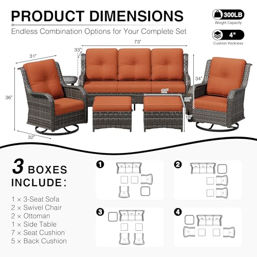 Image of Joyside 6 Piece Wicker Patio Furniture Set, Outdoor Swivel Rocker Patio Chairs with High Back, Deep Seating, Wide Armrest, Thickened Cushions, Outdoor Furniture for Deck, Porch Use