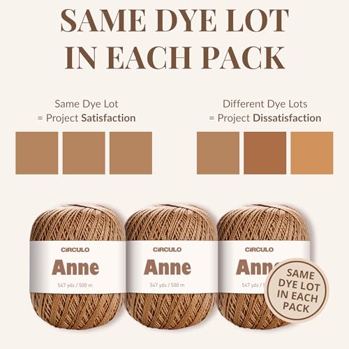 Image of CIRCULO Anne Yarn Pack, 1641 yds for Knitting & Crochet, 3 Balls of 100% Mercerized Brazilian Virgin Cotton, Soft Fingering Weight, Color 7650 Almond