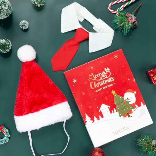 MELLIEX 2 Stück Weihnachten Hundekostüm, Hunde Katzen Weihnachtsmützen und Krawatte Weihnachtskostüm Zubehör Set für Haustier