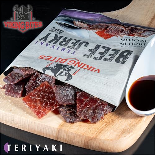 Viking Bites Beef Jerky Teriyaki 400g (8 x 50g) – Getrocknetes Rindfleisch – Fleischsnack mit hohem Proteingehalt
