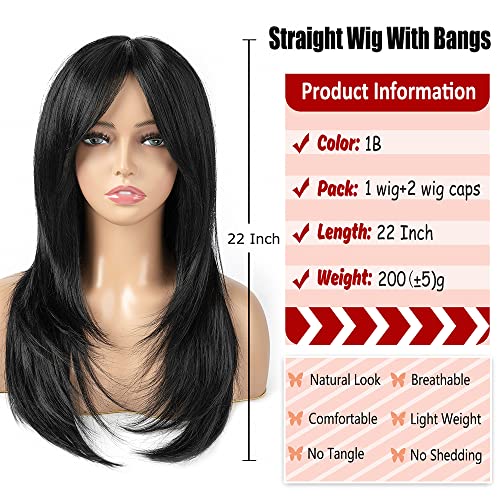 Black Wigs for Women 22 Inch Natural Layered Wig with Bangs Synthetic Hair Wig Heat Resistant Straight Wigs for Daily Party(22Inch/1B) - Image 3