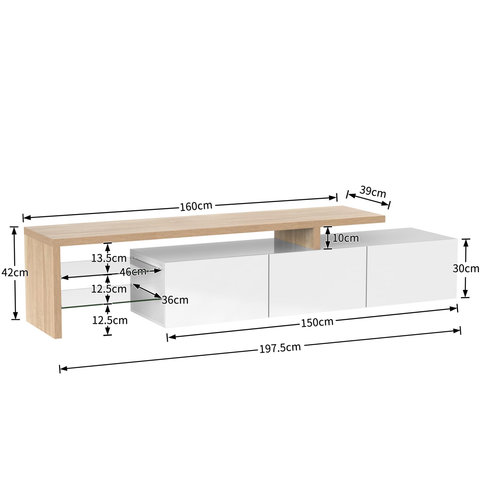 Moderne TV-kast 190 cm met 3 deuren en 2 lades - glanzend wit & zwart
