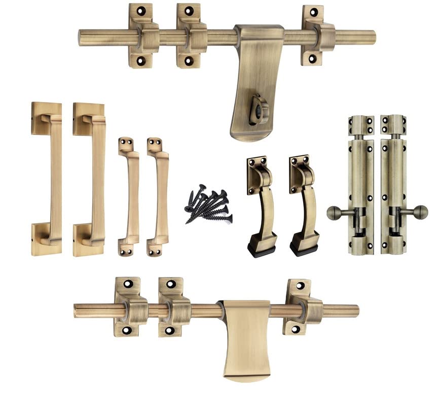 Shapphire Zinc Alloy Heavy Double Door Fitting Accessories Full Set/Kit for Main Doors (1 Aldrop, 1 Latch, 4 Handles, 2 Tower Bolt and 2 Door Stopper) (12 Inch,Antique Mat)