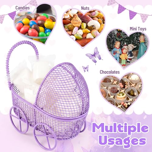 Image of Threehoney Baby Shower Mini Carriage Decoration Metal Wired Fillable Candy Stroller Baby Shower Table Centerpiece for Guest Gender Reveal Wedding Party Favor Gift (Purple,24 Pcs)