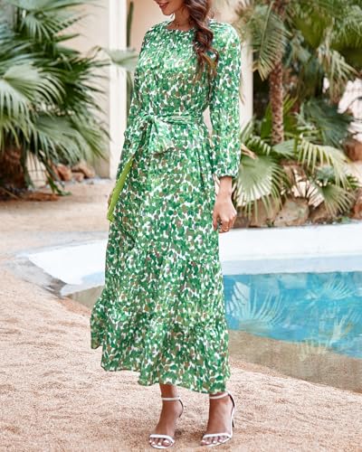 Image of YEXPINE Women's Ruffle Maxi Dress Puff Sleeve Flowy Tiered Long Dress with Belt