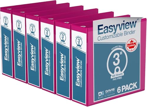 Image of Easyview 3-Ring Binder, Clear-View Cover, 3 inch Round Rings, Pink, 6 Pack